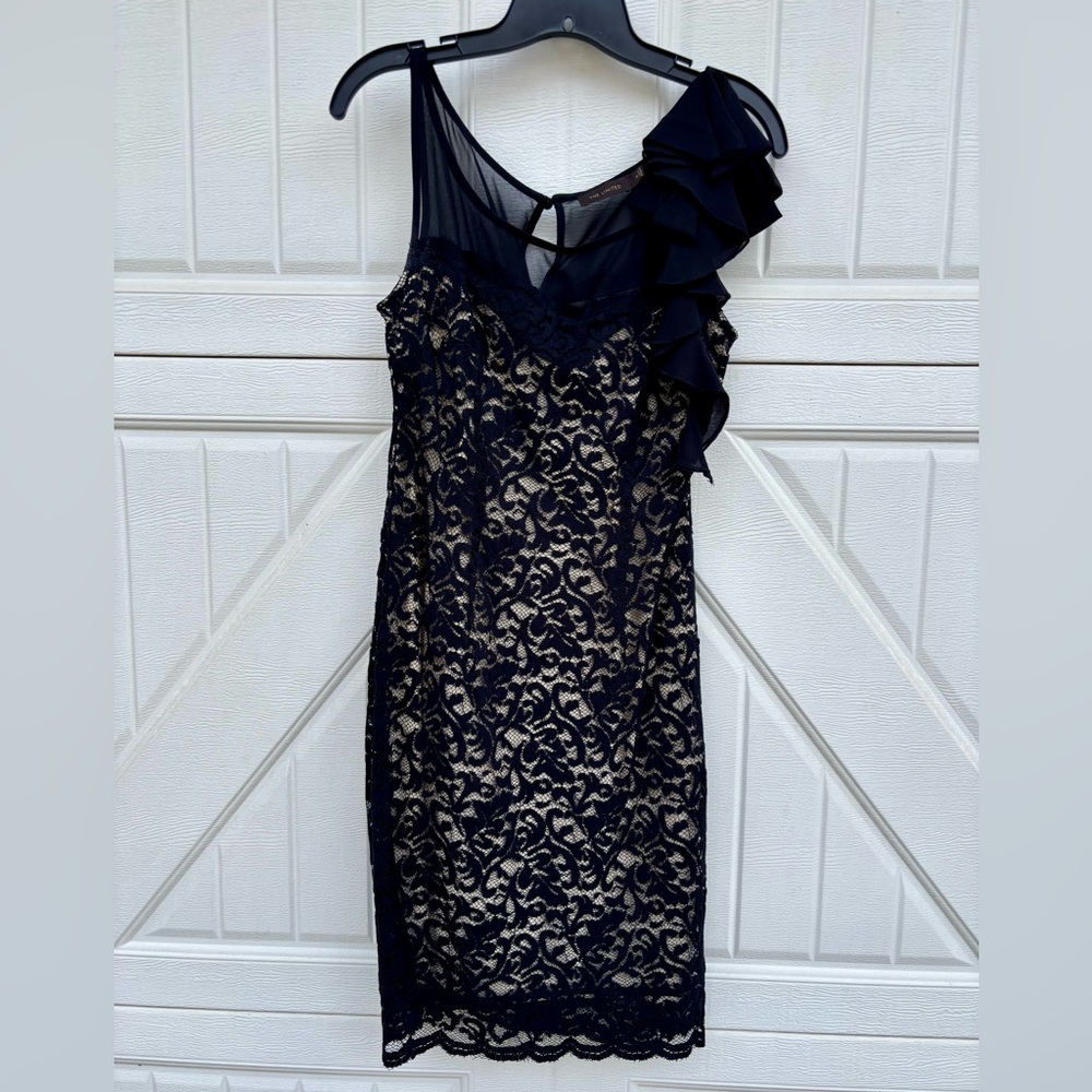 The Limited Black Lace Nude Sheath Cocktail Dress Ruffle Size M